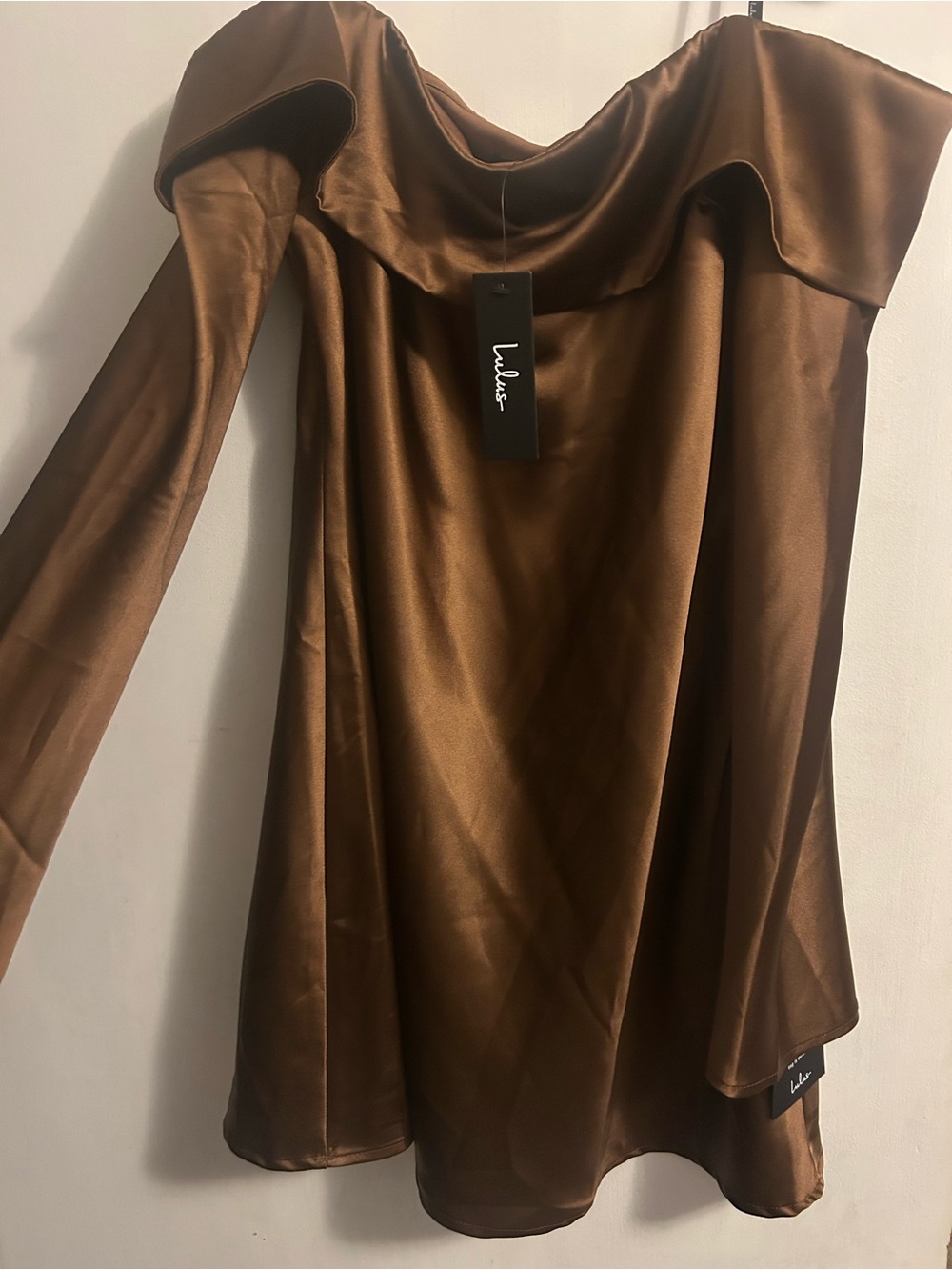 Lulu's Brown Satin Off-Shoulder Long Sleeve dress